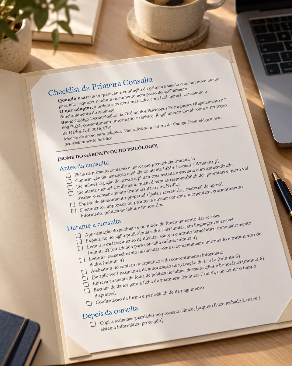 Checklist da primeira consulta aberta ao lado do teclado, imagem gerada por IA
